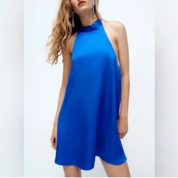 ZARA High Neck Open Back Satin Mini Halter Dress Royal Blue Size Small - Picture 1 of 12